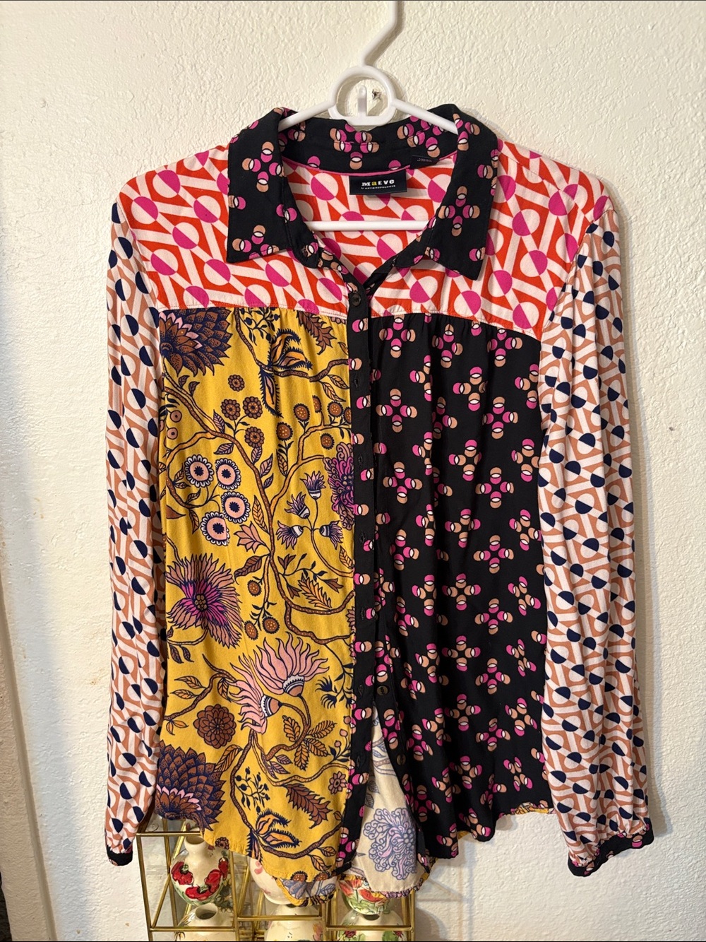 Anthropologie Maeve Pink, Black & Orange Mixed Print Top